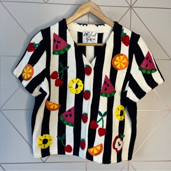 Vintage Michael Simon Embroidered Beaded Croch Fruit Short Sleeve Cardigan - Picture 1 of 6